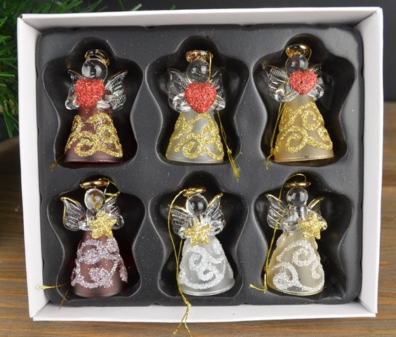 Verplicht pensioen merk Set van 6 glazen mini-engeltjes, zilver/goud/rood
